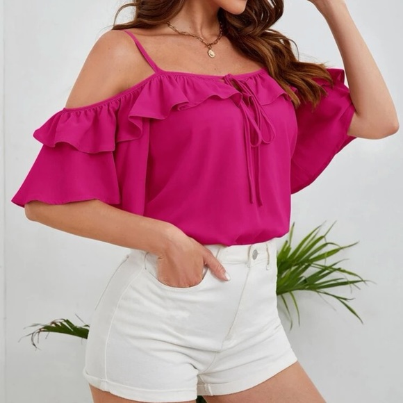 Boho cold shoulder knot front ruffle hem blouse - Picture 8 of 16